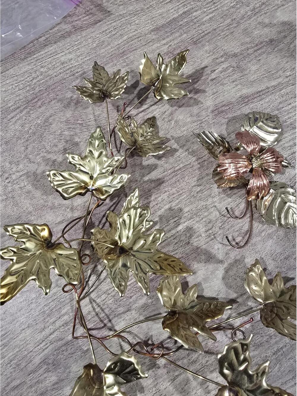 MCM Brass Metal Ivy Leaf garland & a rose gold  flower Wall Decor Posable
